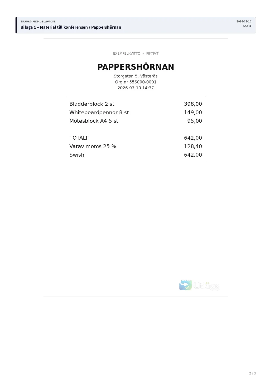 Sida 2 av exempel-PDF:en: bilaga 1, kvitto på material