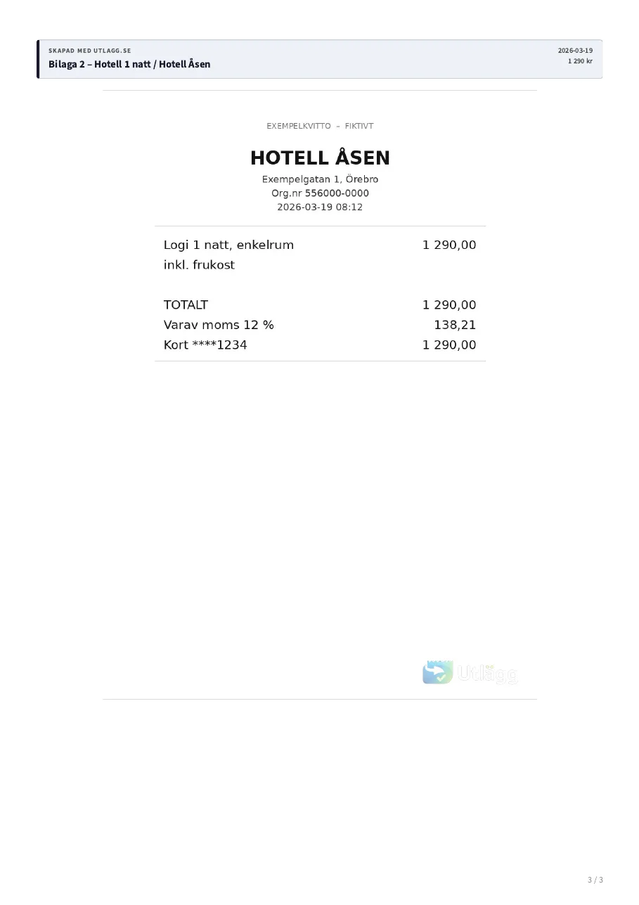 Sida 3 av exempel-PDF:en: bilaga 2, kvitto på hotellnatt