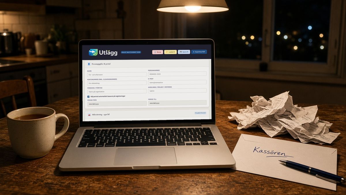 Bärbar dator med Utlägg öppet för reseräkning och utlägg, bredvid kvitton och ett kuvert till kassören